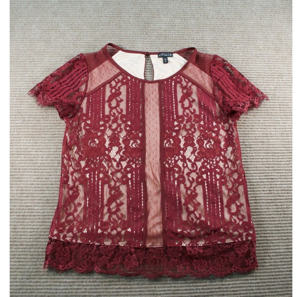 Express Burgundy Floral Lace Short Sleeve Blouse‎ XS
